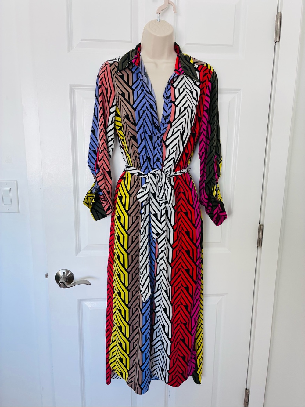 Multi-Color Chevron Print Shirt Dress with Waist Tie